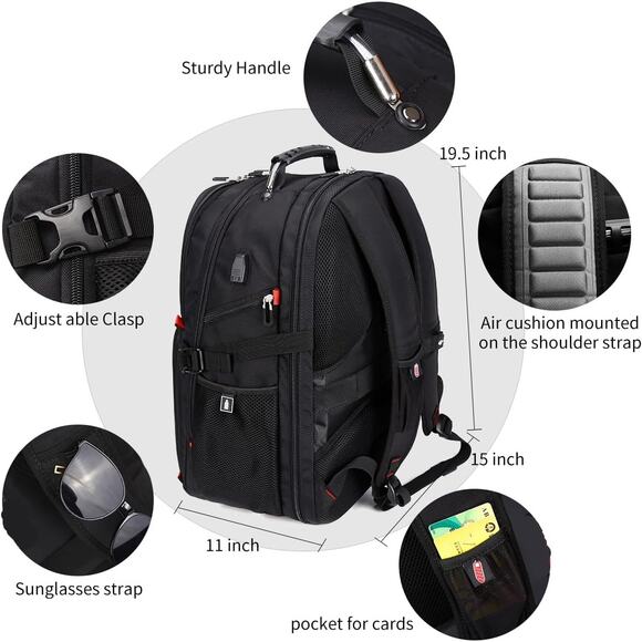 Large 50L Black Travel Laptop Backpack USB Charging Port & Multiple Compartment - Picture 3 of 6